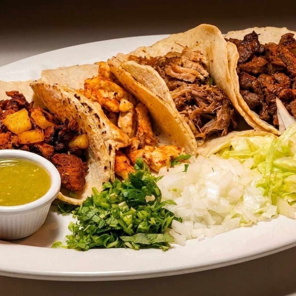A plate of five diverse tacos with various fillings, salsa, cilantro, onions, lettuce, and a lime wedge.