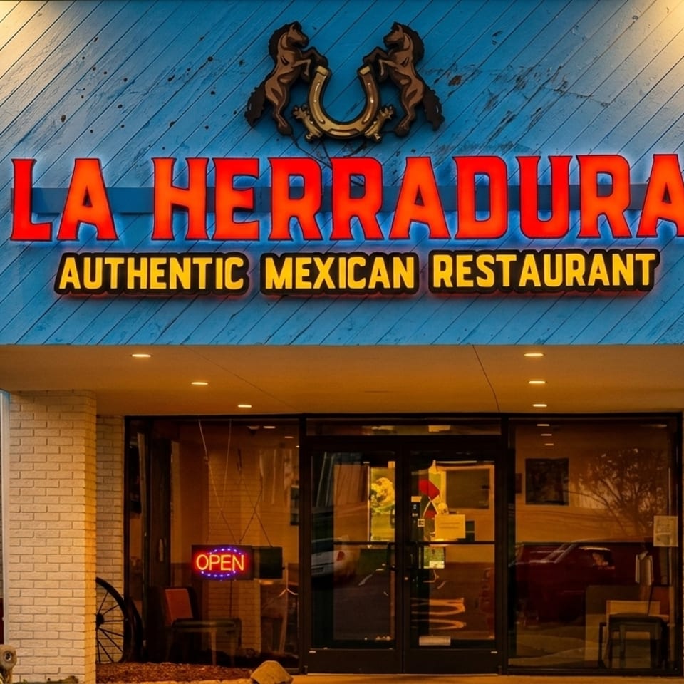 Exterior of La Herradura Authentic Mexican Restaurant with a blue facade and red neon sign.