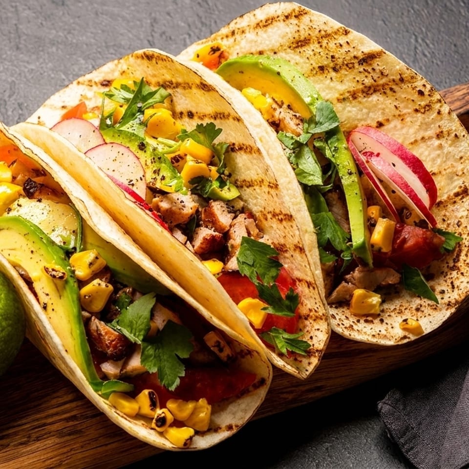Three grilled tacos filled with chicken, avocado, corn, radishes, and cilantro, with a lime half.