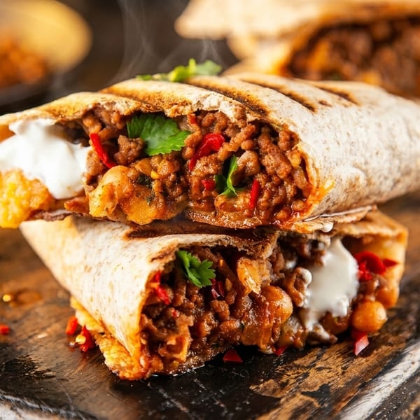 Two grilled burritos filled with seasoned meat, red peppers, and sour cream on a wooden board.
