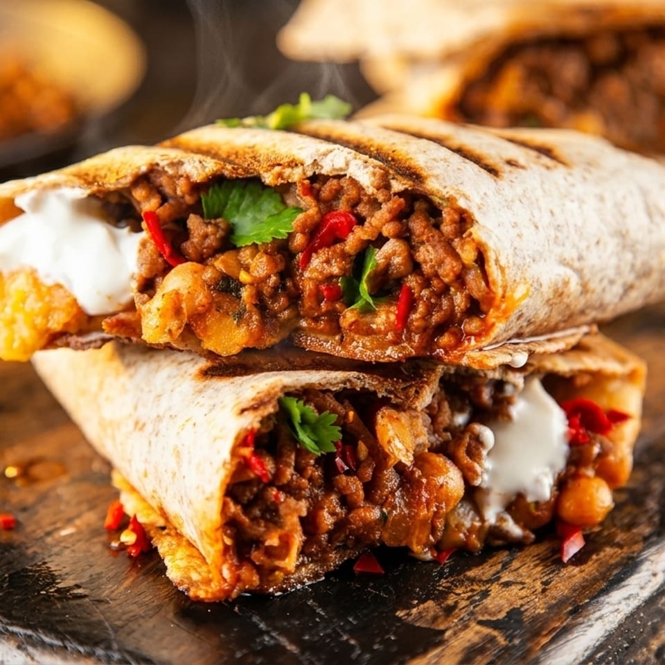 Two grilled burritos filled with seasoned meat, red peppers, and sour cream on a wooden board.