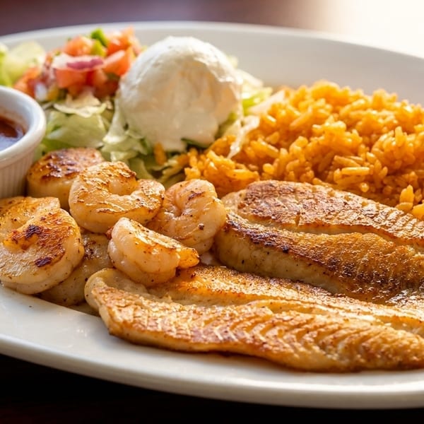 Seafood platter with grilled fish fillets, shrimp, scallops, rice, salad, and dipping sauce.