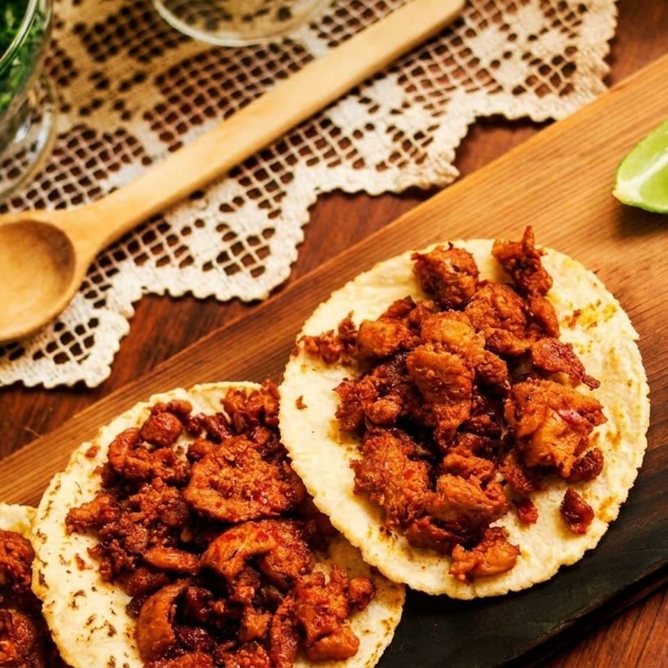 Three tacos with seasoned meat, lime wedges, dried chilies, and cilantro on a wooden board.